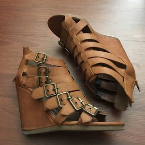 Tan strappy wedge sandal