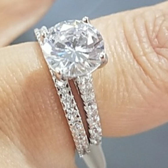 Sterling Silver Engagement Ring Wedding Band 2pc - Picture 1 of 8