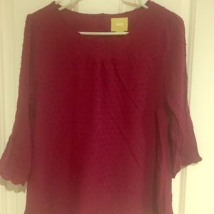 Cranberry colored Swiss dot 3/4 sleeve blouse