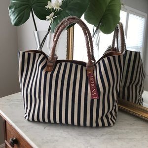Navy and white striped tote bag