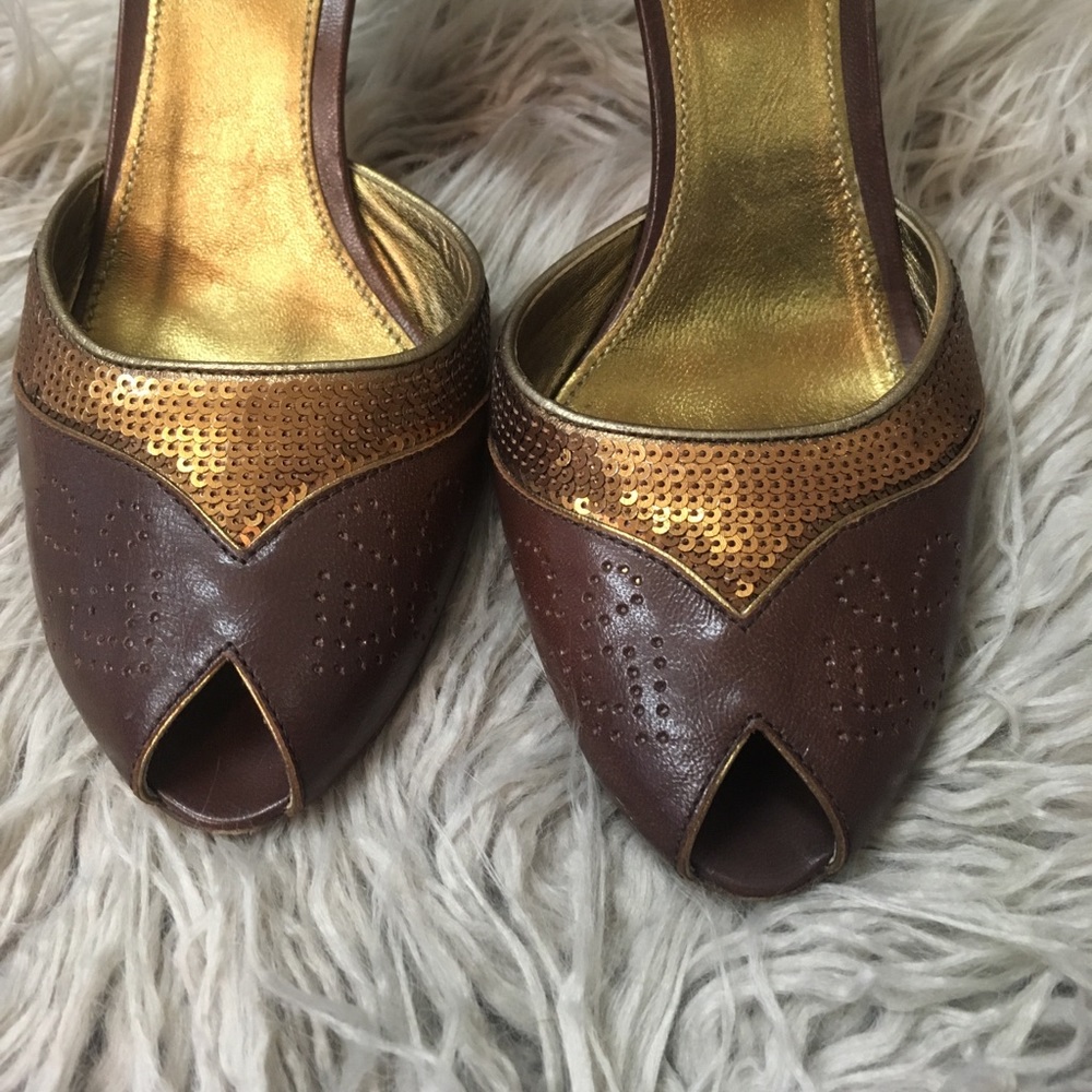 Prada Vintage Brown Sequin PeepToe Heels Sz 37 1/2 - Picture 2 of 8