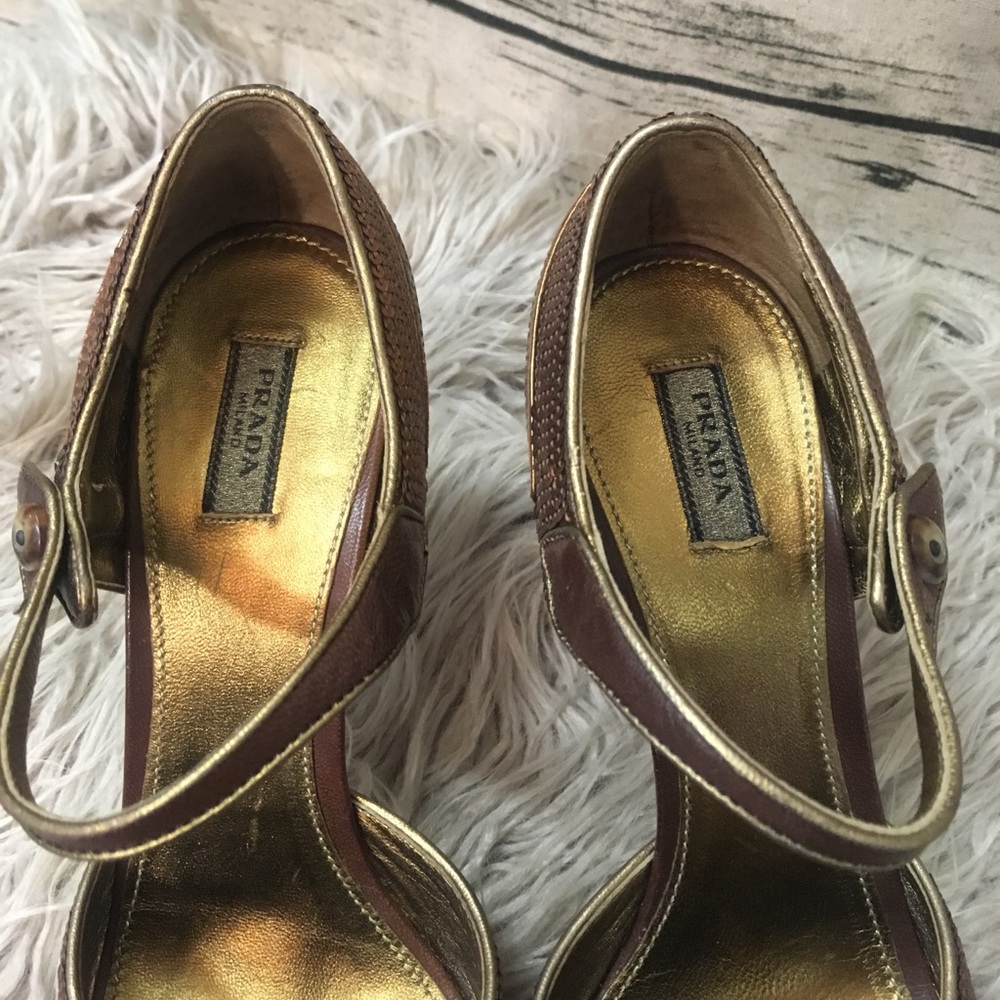 Prada Vintage Brown Sequin PeepToe Heels Sz 37 1/2 - Picture 3 of 8