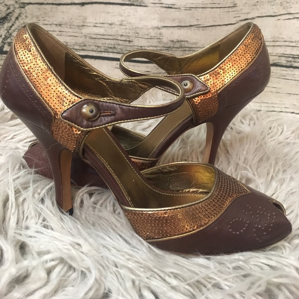Prada Vintage Brown Sequin PeepToe Heels Sz 37 1/2 - Picture 5 of 8