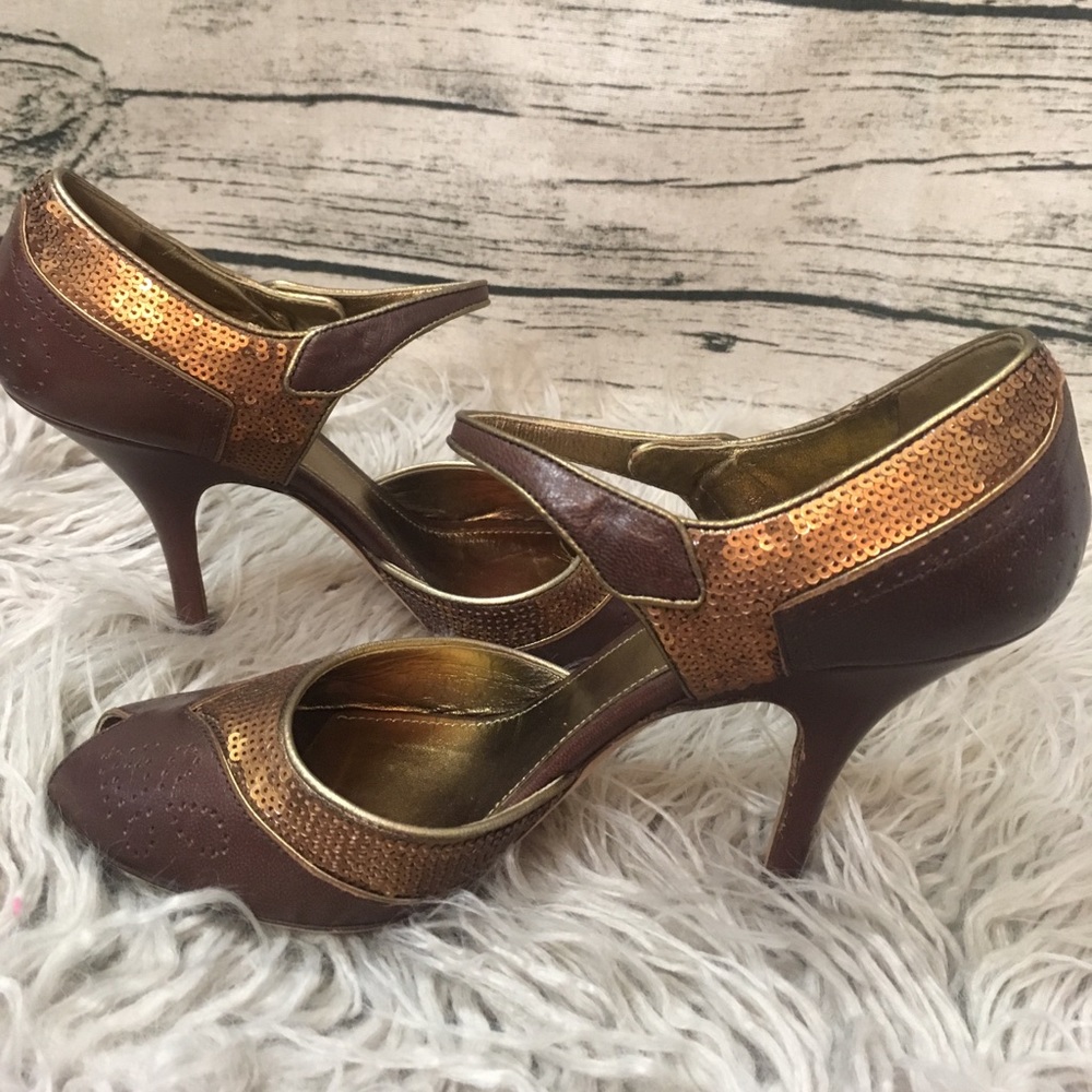 Prada Vintage Brown Sequin PeepToe Heels Sz 37 1/2 - Picture 6 of 8