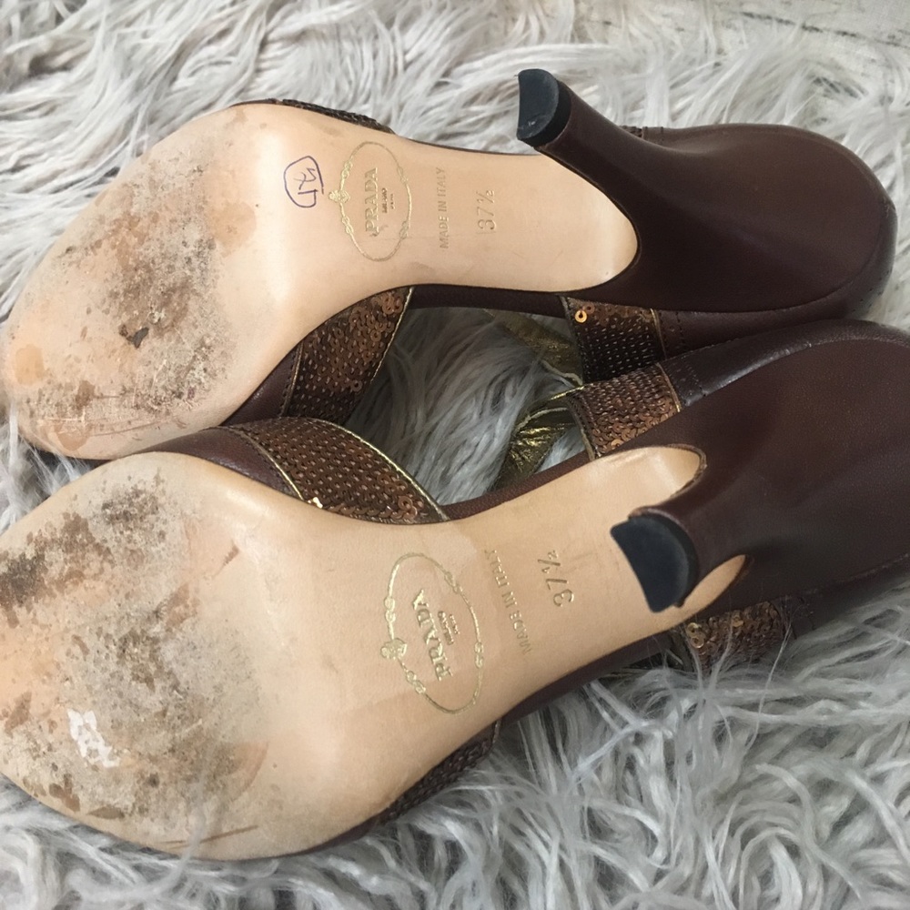 Prada Vintage Brown Sequin PeepToe Heels Sz 37 1/2 - Picture 7 of 8