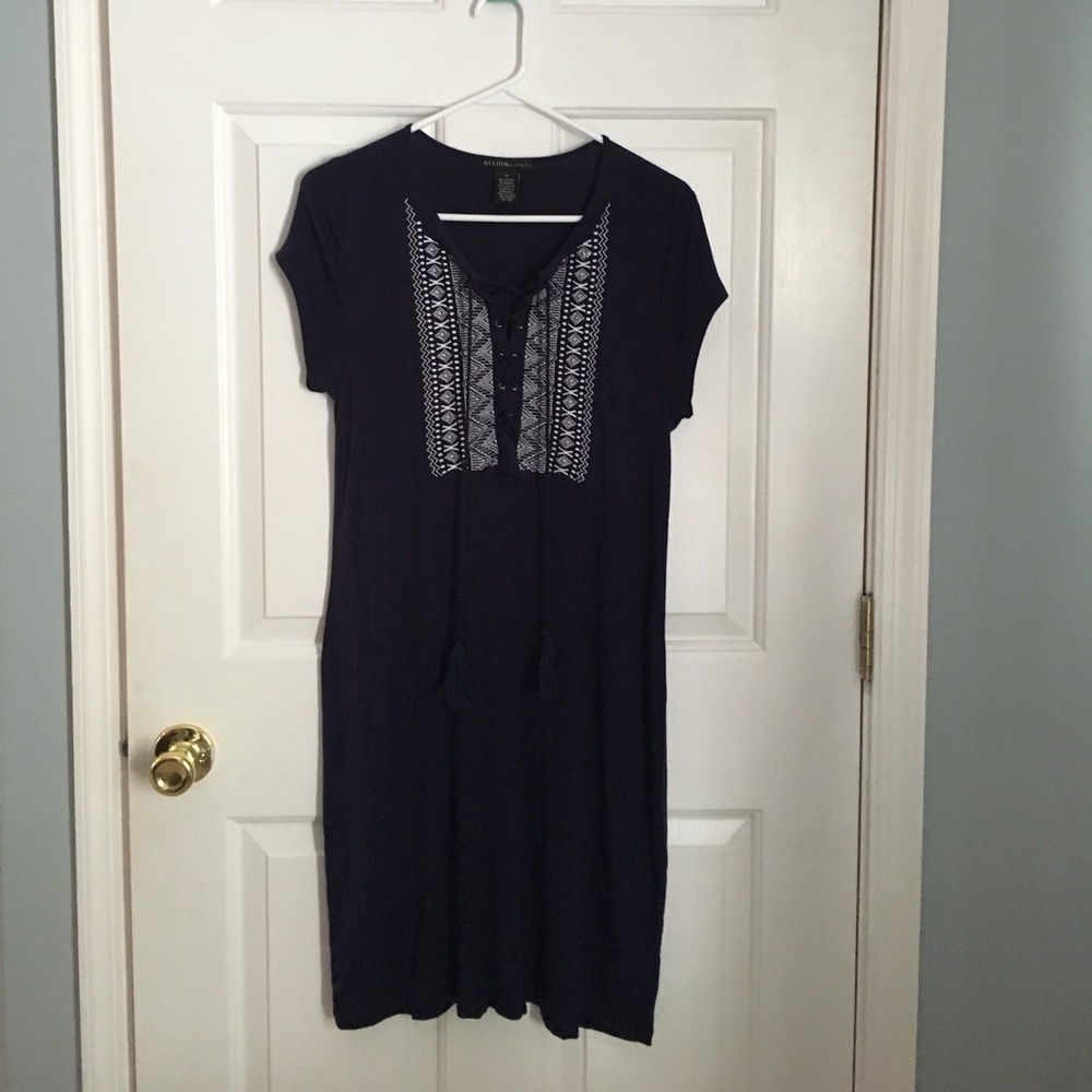 Navy dress with white stitching & faux drawstring