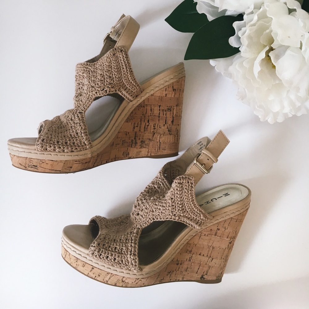 Eric Michael Tan Cork Knit Wedges Size 8