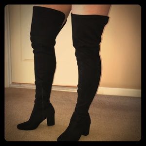 Thigh high black suede heels