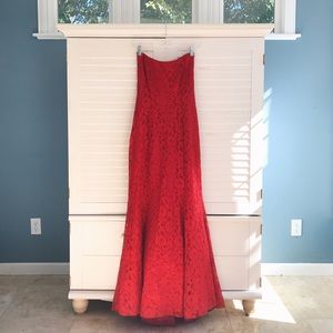 Red strapless lace prom dress