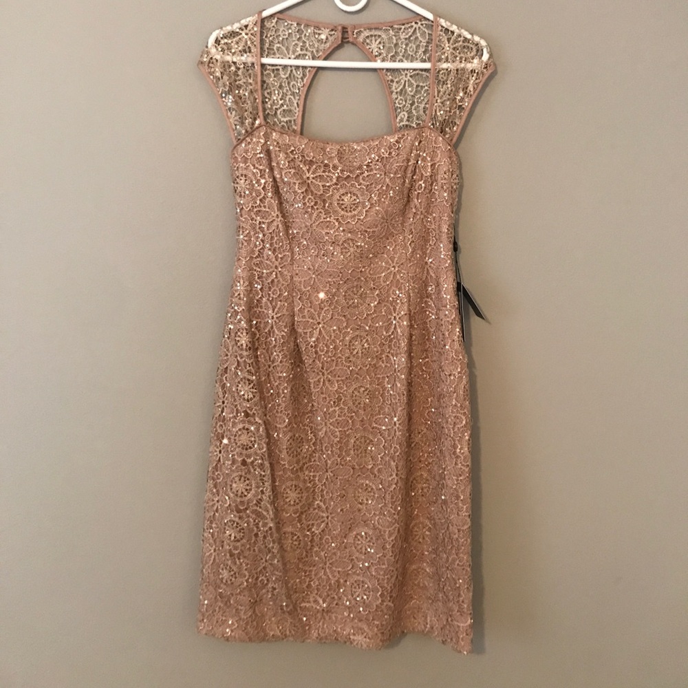 Adrianna Papell Dress Rosè Champagne Metallic Lace