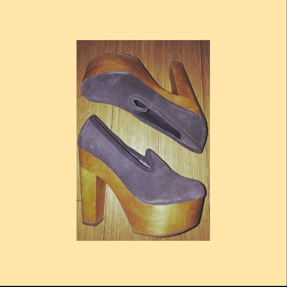 Vintage Blue Suede & Wooden Platform Heels