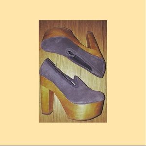 Vintage Blue Suede & Wooden Platform Heels