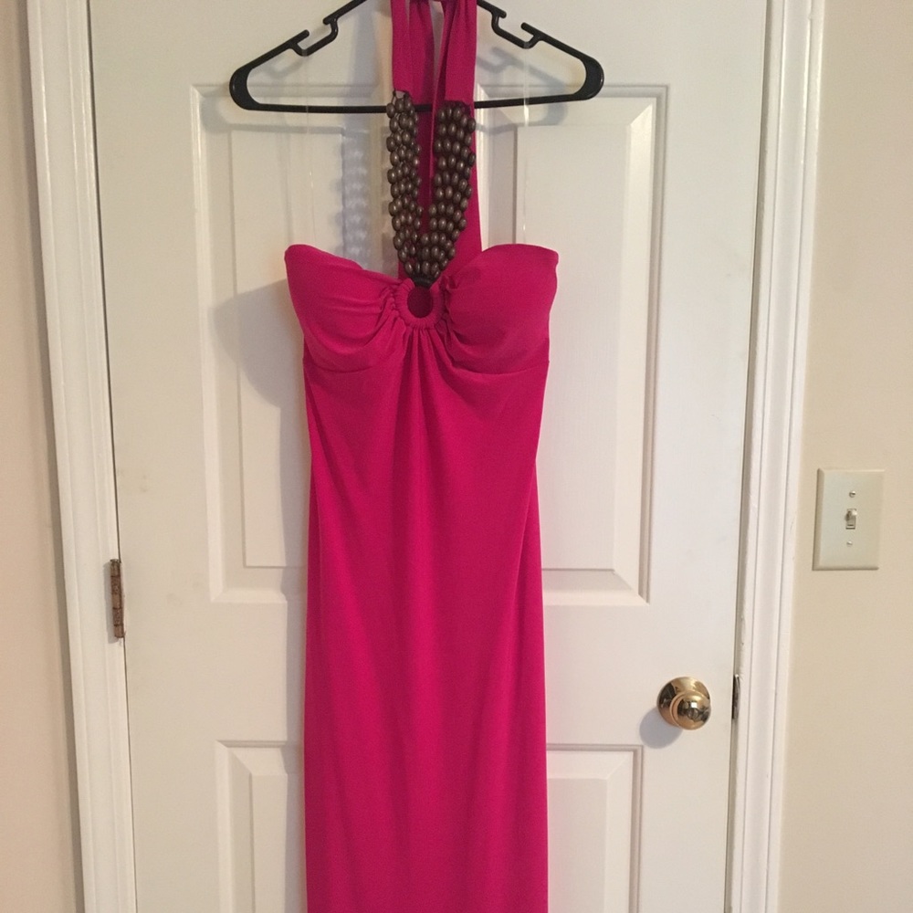 Pink beaded halter dress. Size large. Worn once.