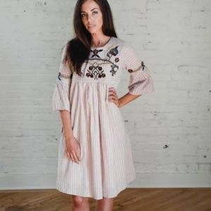 Embroidered Striped Midi Dress in Dark Pink Color Embroidered Striped Midi Dress in Dark Pink Color