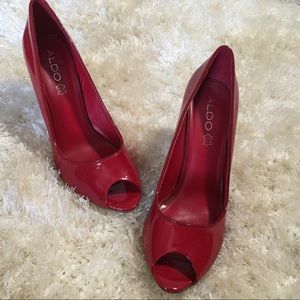 Aldo patent red leather peep toe heels