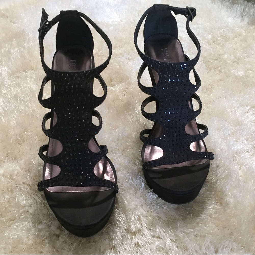 Forever21 black satin platform stiletto caged heel