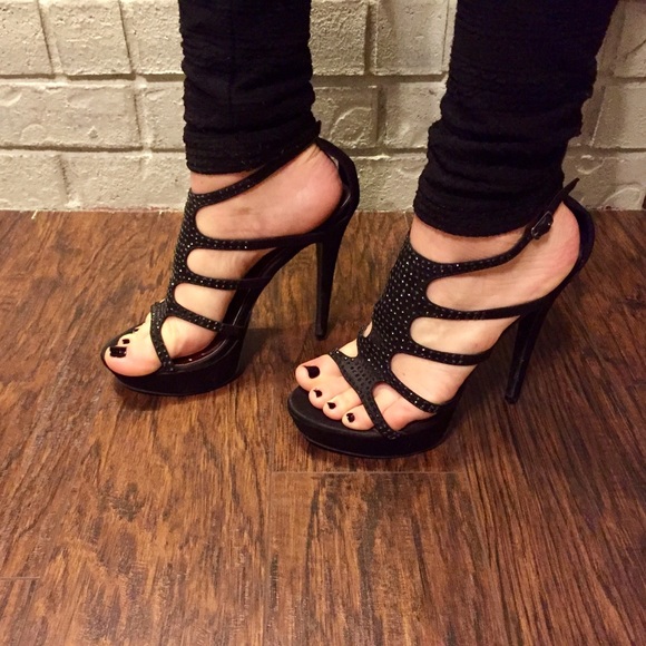 Forever21 black satin platform stiletto caged heel - Picture 5 of 7