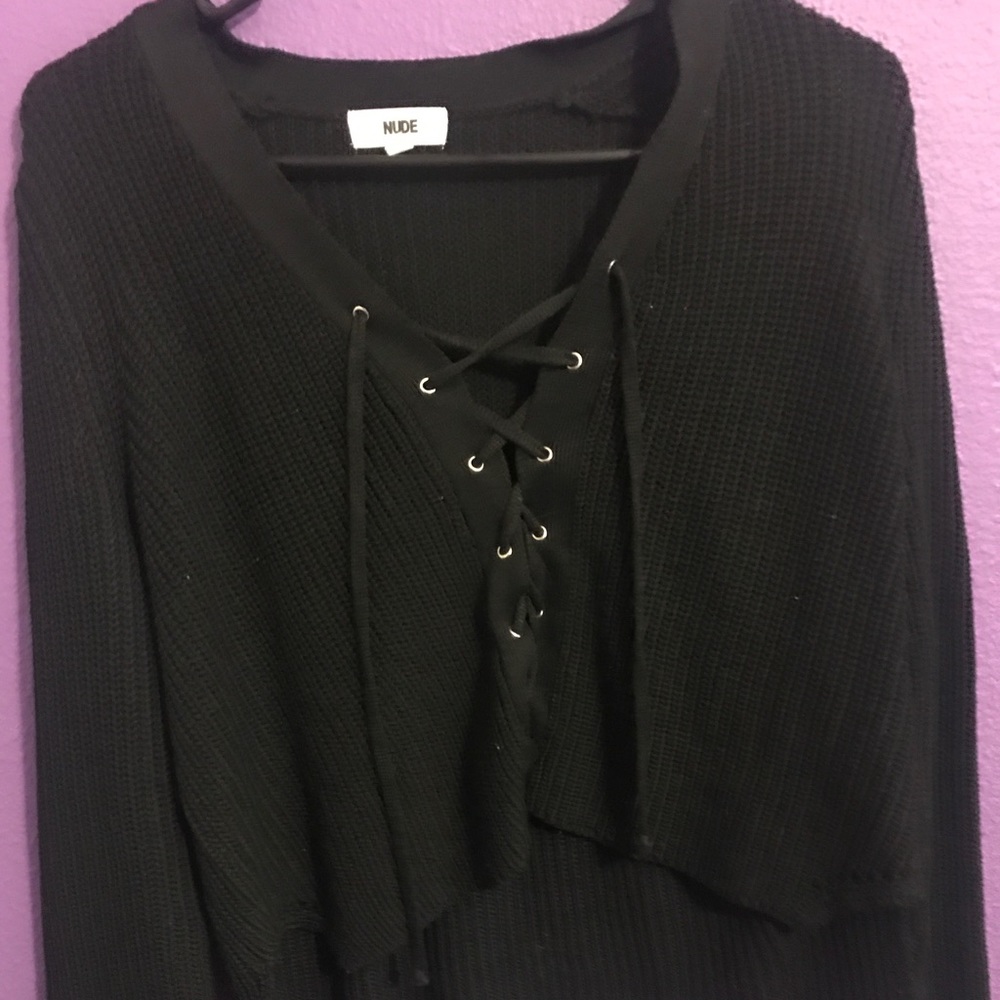 Cropped lace up sweater