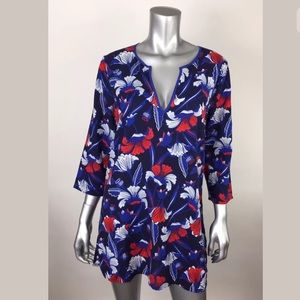 J. Crew Blue Tunic Shirt Dress Floral V-Neck