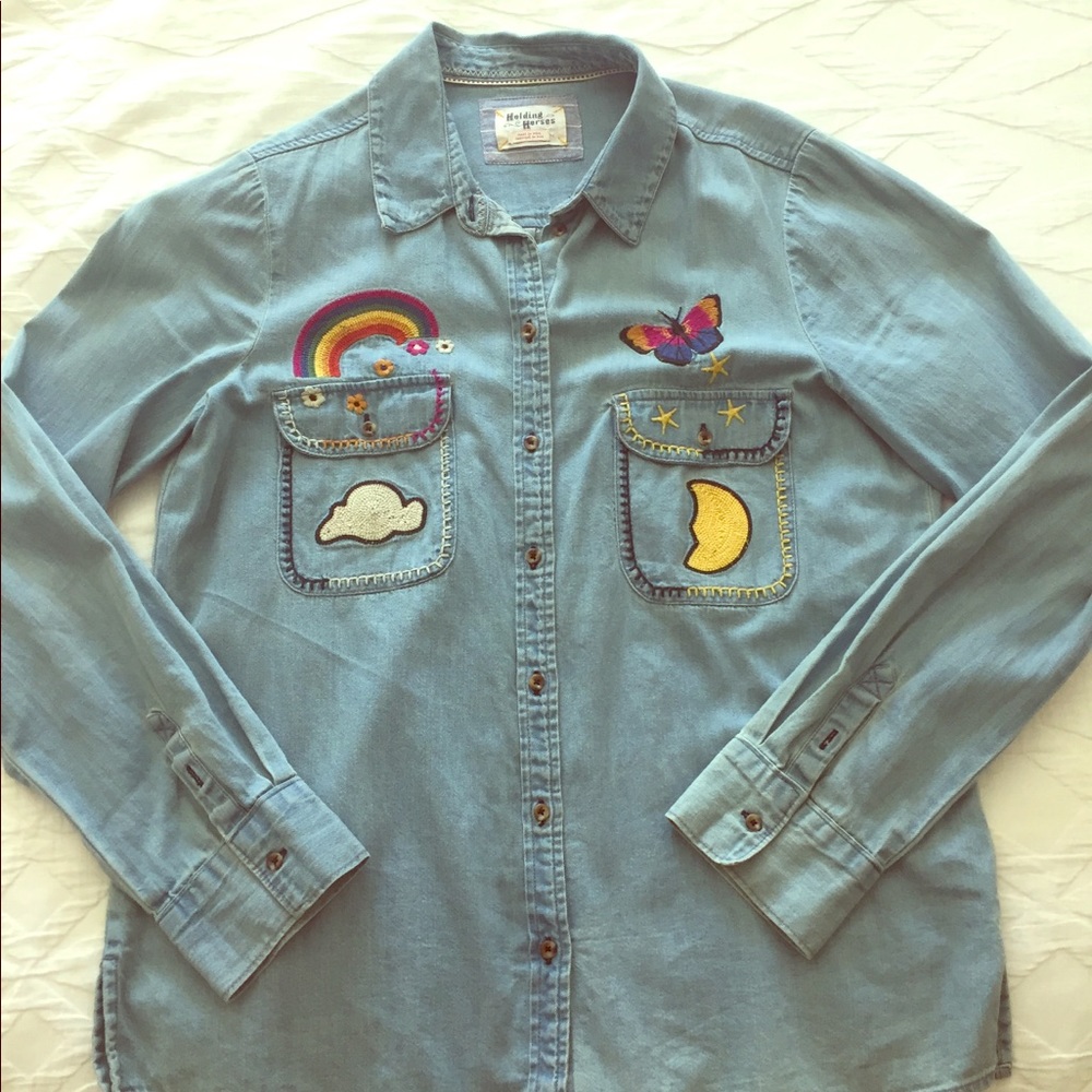 Embellished, button-down denim top, Holding Horses