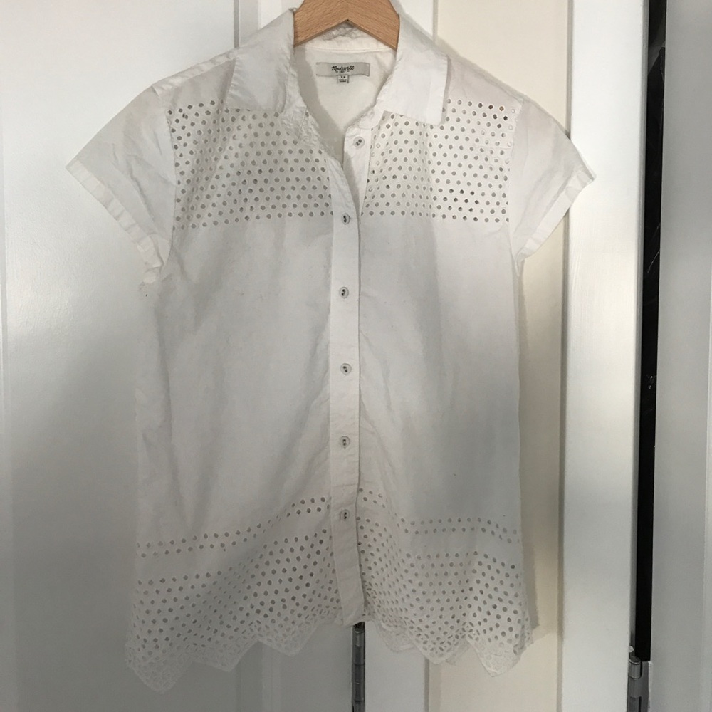 Madewell Dot Short Sleeve Cotton Button Up Blouse