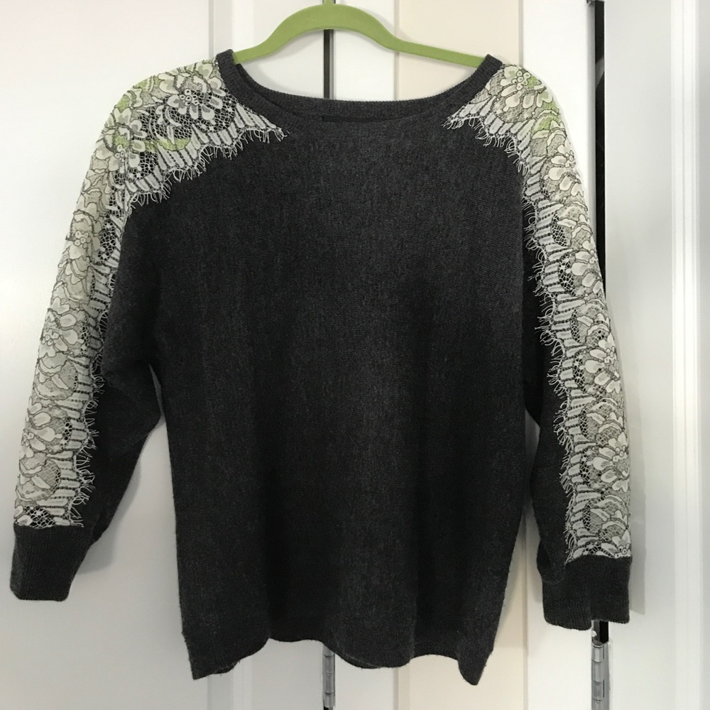 J Crew Lace Sleeve Dark Grey Sweater 3/4 Sleeve