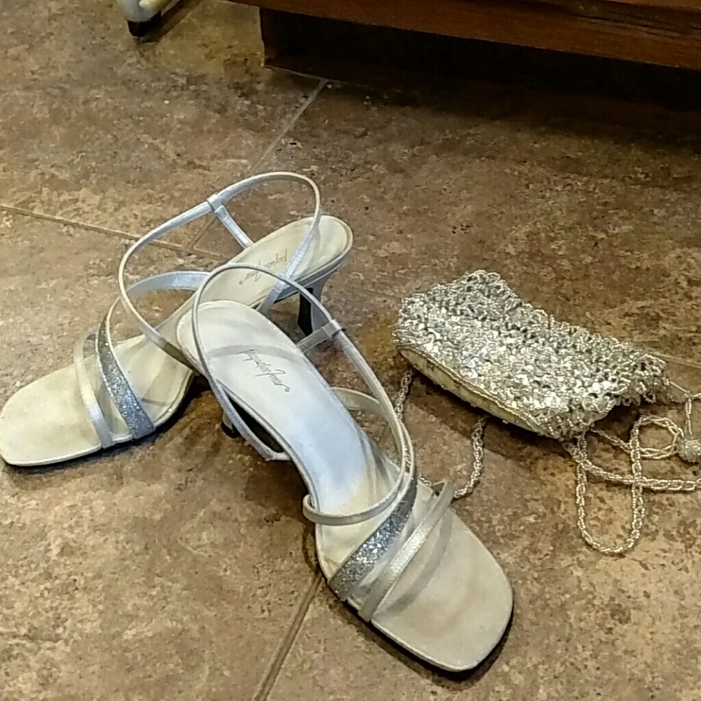 Sparkly silver dressy sandals shoes.