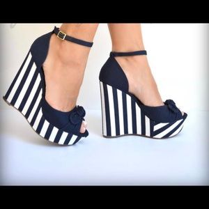 Navy Blue White Corra Striped Wedges