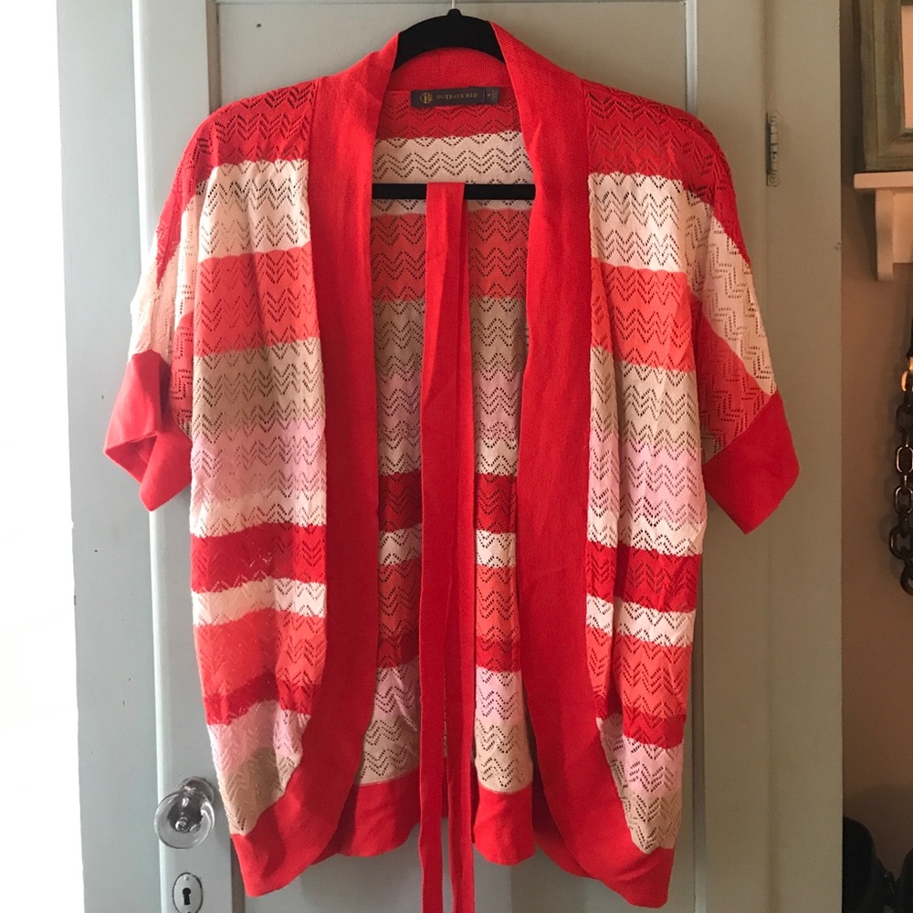 Multicolor open-front sweater with waist tie