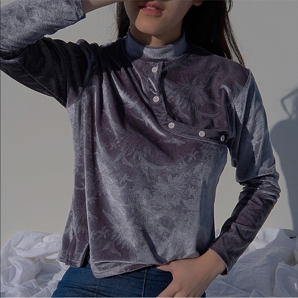 Tops - Light grey suede Chinese collar top