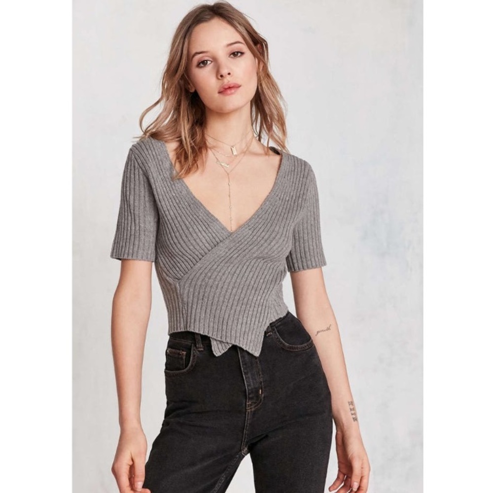 Grey ribbed tee with deep V neck