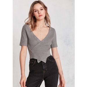 Grey ribbed tee with deep V neck