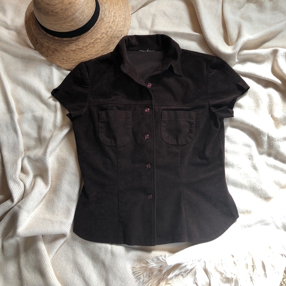 Brown faux suede button down top, size s