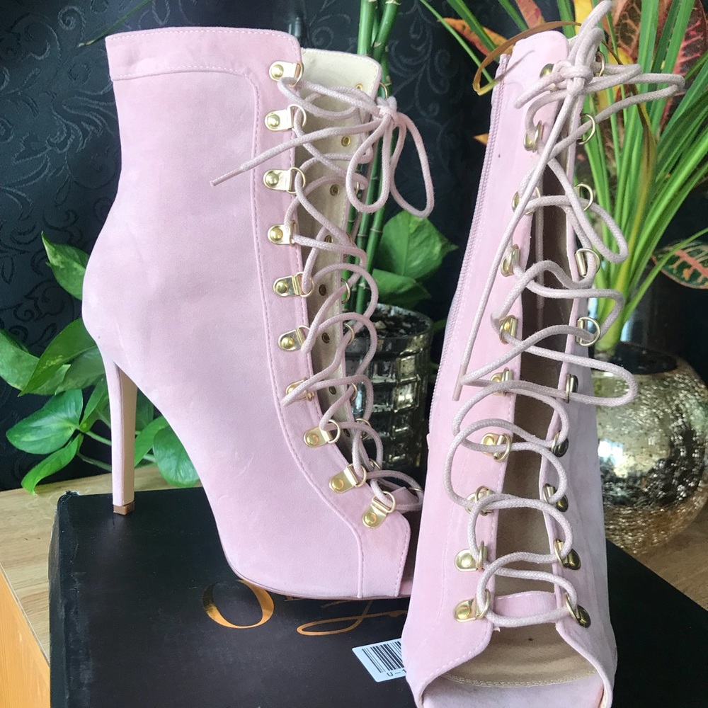 Pale Pink Suede Lace Up Heal
