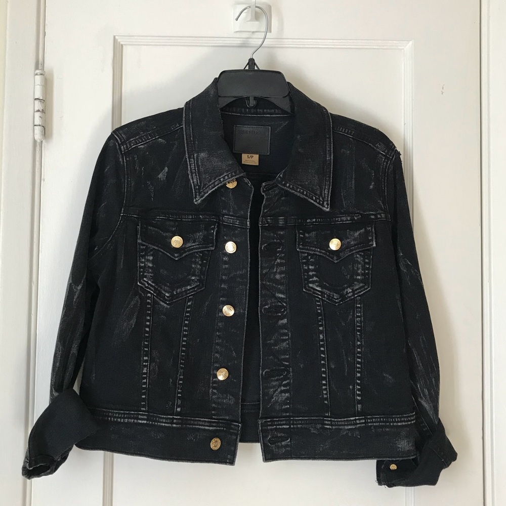 TRUE RELIGION Distressed Black Denin Jean Jacket