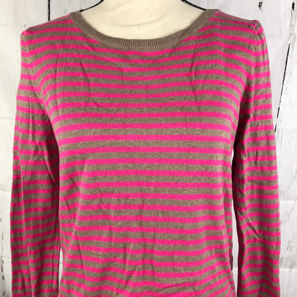 H&M Basic Brown Bright Pink Striped Scoop Sweater