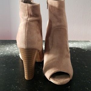new suede tan peep toe chunky heel booties
