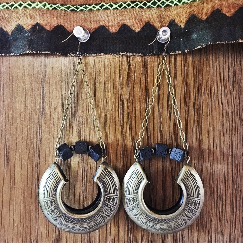 Handmade Brass, Hematite & Lava Earrings - Picture 2 of 4