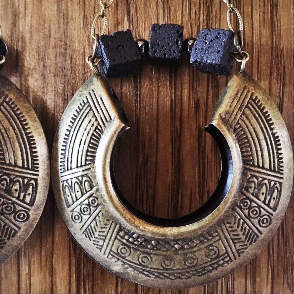 Handmade Brass, Hematite & Lava Earrings - Picture 3 of 4