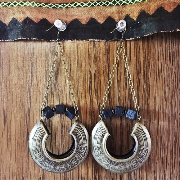 Handmade Brass, Hematite & Lava Earrings - Picture 2 of 4