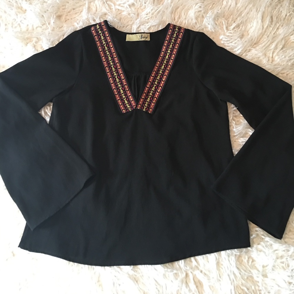 Black Bell Sleeve Embroidered chiffon Top