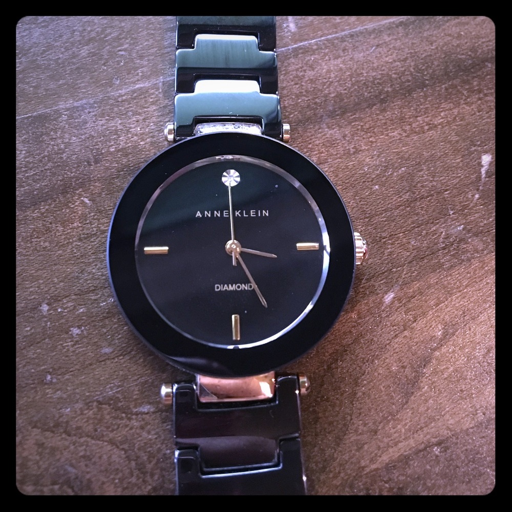 Anne Klein Black Round Ceramic Diamond Watch