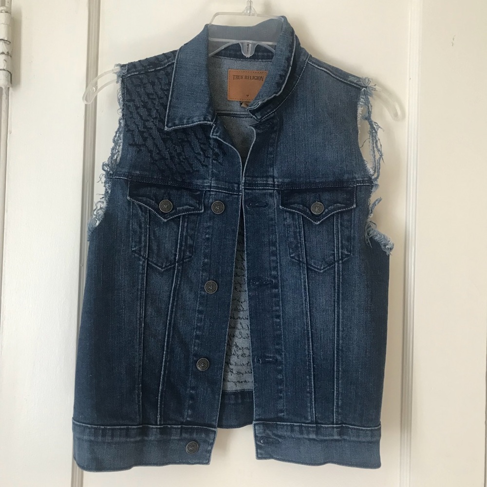 TRUE RELIGION Blue Denim Distressed Jean Vest Sm