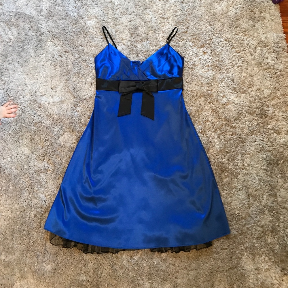 Black and blue satin cocktail dress