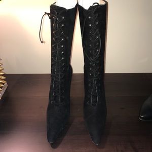 Manolo Blahnik mid-calf lace up suede boot