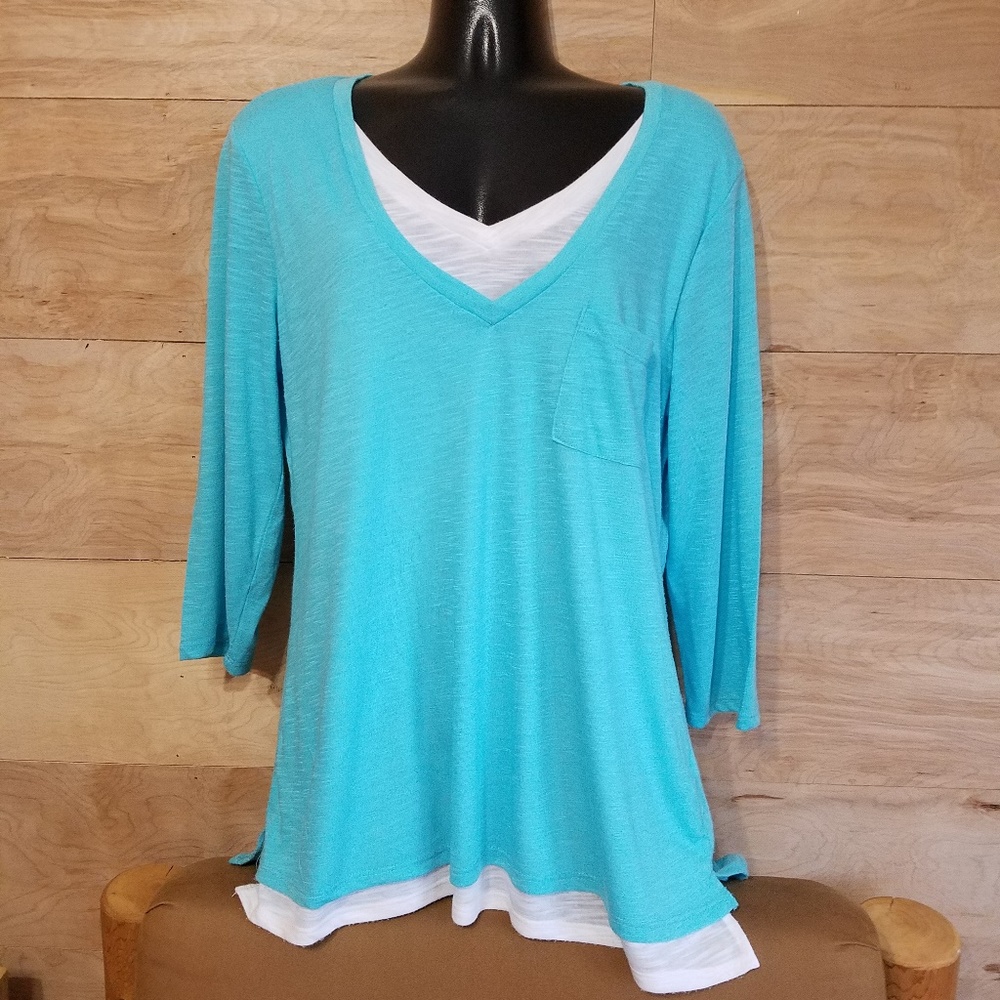 Hannah Turquoise V-Neck 3/4 Sleeve Top- Size Large
