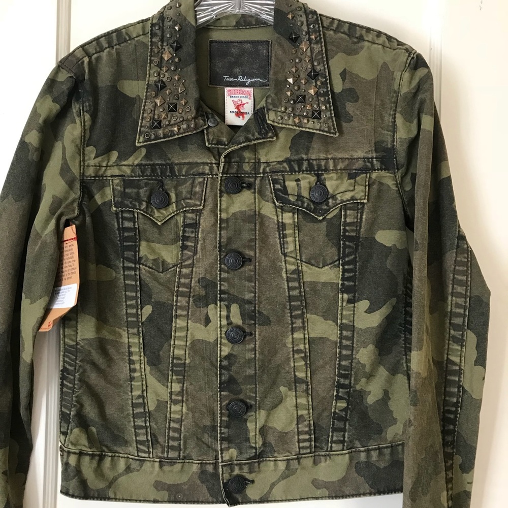 TRUE RELIGION Green Camo Studded Denim Jean Jacket