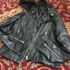Large leather look biker jacket with zip off hood