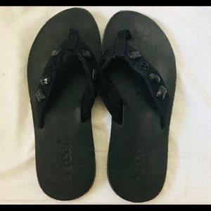Reef Black Leather Jeweled Flip Flops