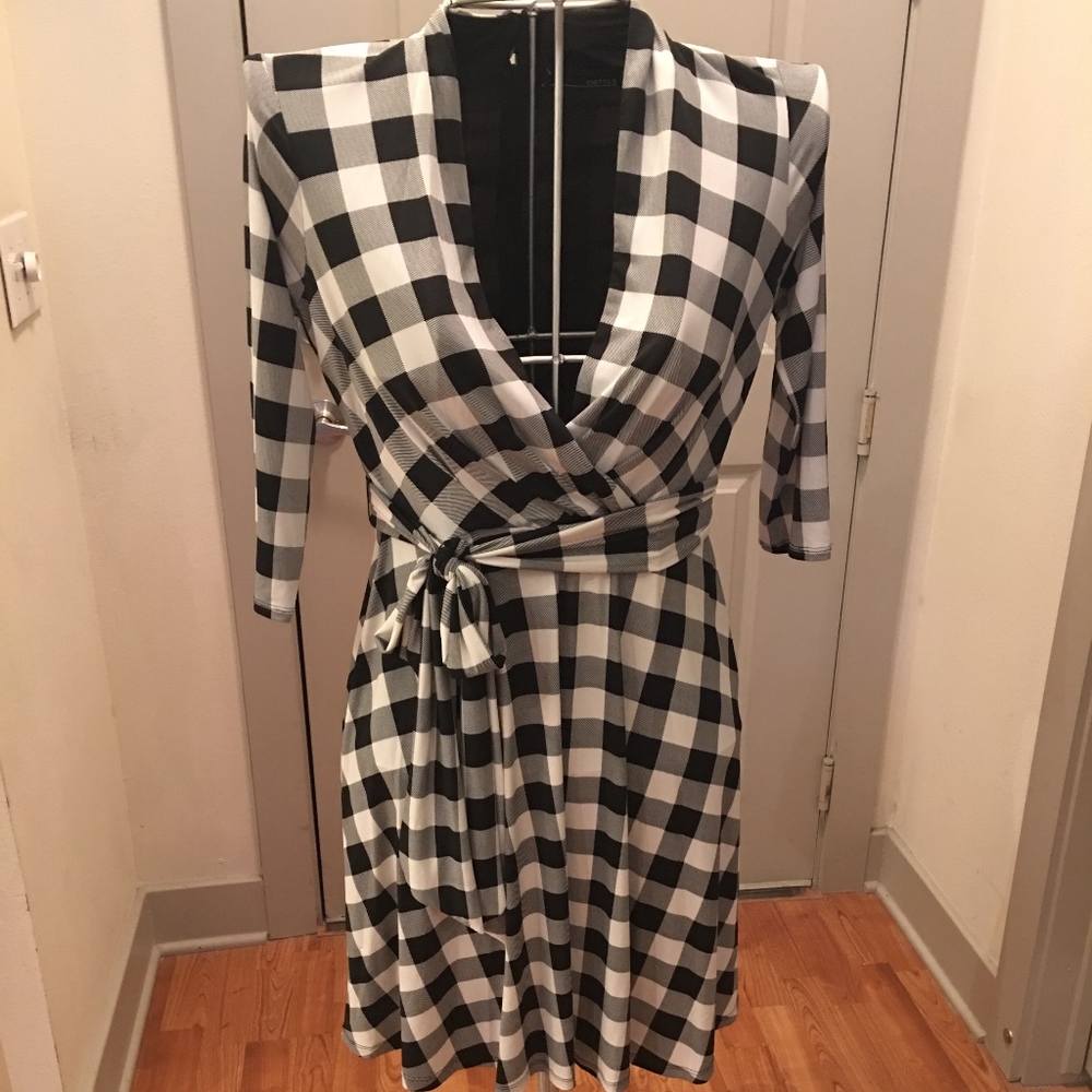 Chetta B Black + White Check Faux Wrap Dress
